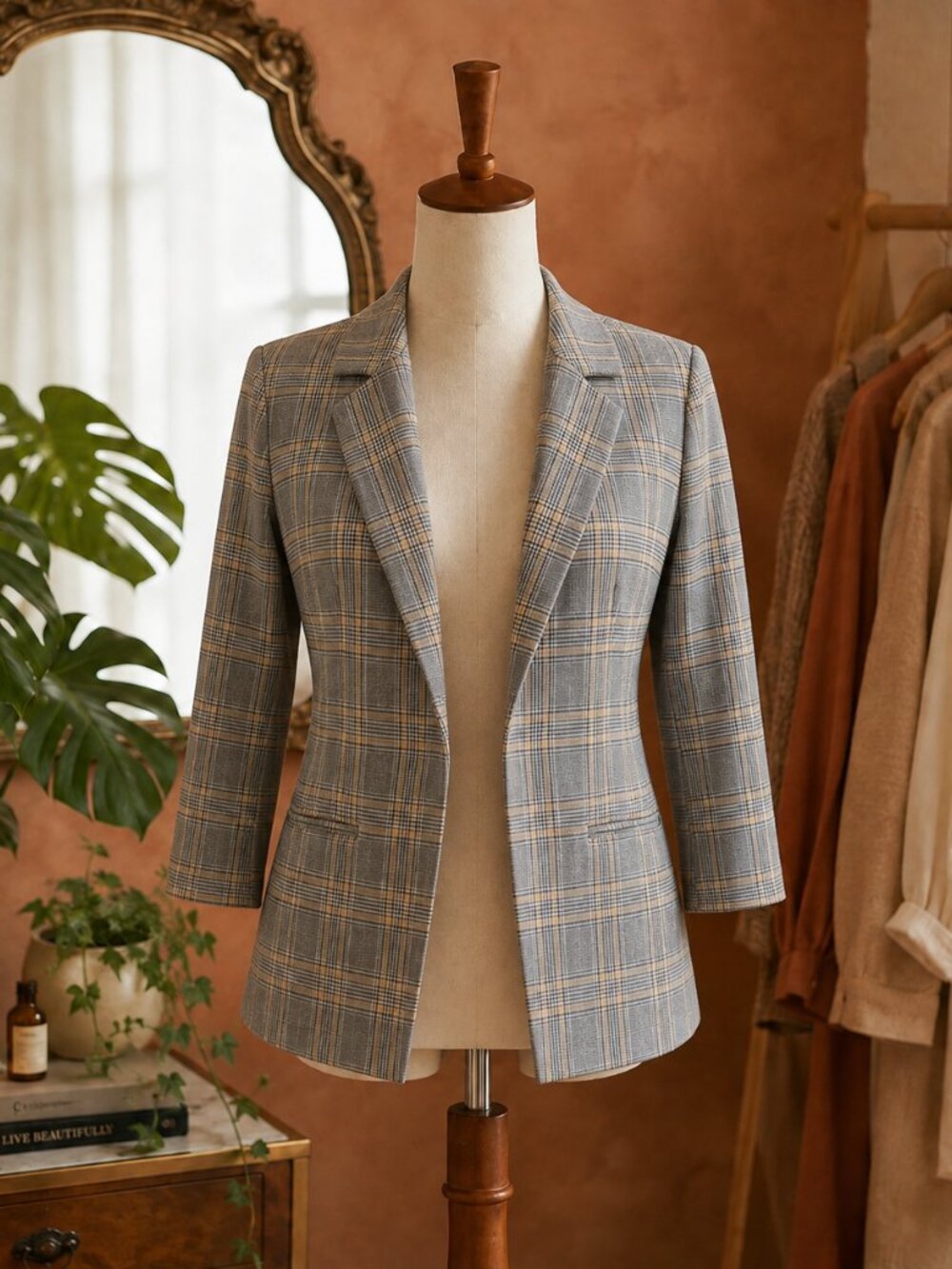 New York & Company Blue and Beige Plaid Tailored Blazer